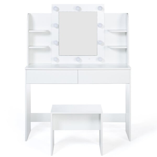 ID MARKET - Coiffeuse ZELIA blanche table de maquillage 4 étagères, miroir LED et tabouret - large