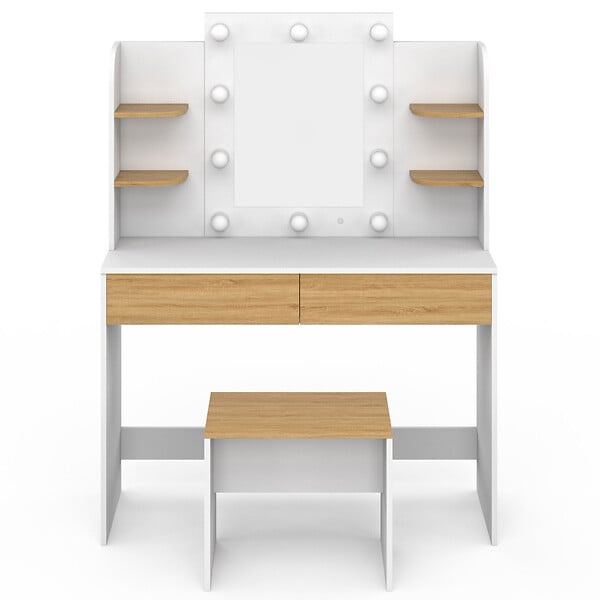 ID MARKET - Coiffeuse ZELIA blanc et hêtre table de maquillage 4 étagères, miroir LED et tabouret - large