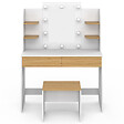 ID MARKET - Coiffeuse ZELIA blanc et hêtre table de maquillage 4 étagères, miroir LED et tabouret - vignette