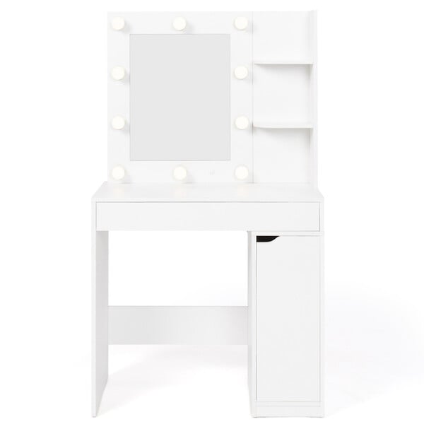 ID MARKET - Coiffeuse ZELIA miroir LED avec 1 tiroir, étagères, caisson de rangement et tabouret - large