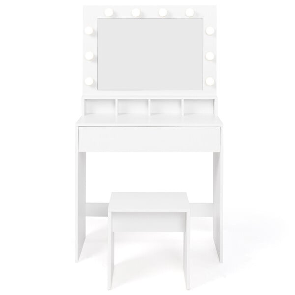 ID MARKET - Coiffeuse ZELIA miroir LED avec 4 niches, 1 tiroir et tabouret - large