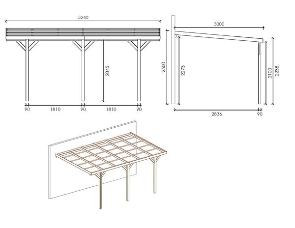 ALTANKA - Carport, abri de voiture  3x5.24 m - 15 m2 - adossé  - CAR7-2 - large