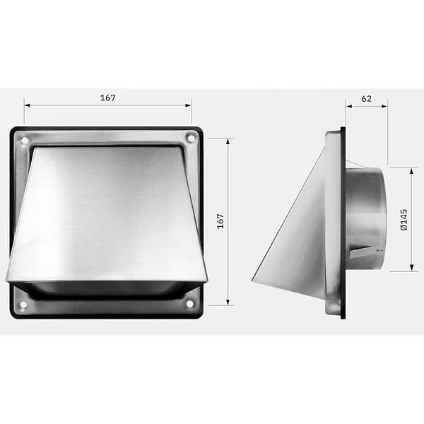 BLAUBERG - Grille ventilation inox brossé rejet d'air carrée à capot | clapet anti retour intégré - Diamètre (mm): 150 - large