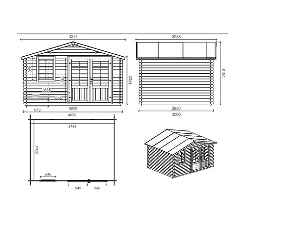 ALTANKA - Abri de jardin en bois - 12m2 - 4x3m - Traité - Ep. 28mm - Couleur: marron - DOM595 - large