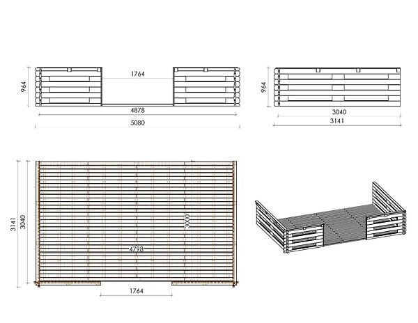 ALTANKA - Terrasse en bois avec balustrade pour abri en bois - 15m2 - 5m x 3m - couleur: naturel - DOM616 - large