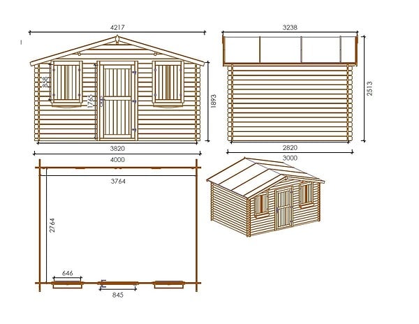 ALTANKA - Abri de jardin en bois - 12m2 - 4x3m - Ep. 28mm - Couleur: naturel - DOM337 - large