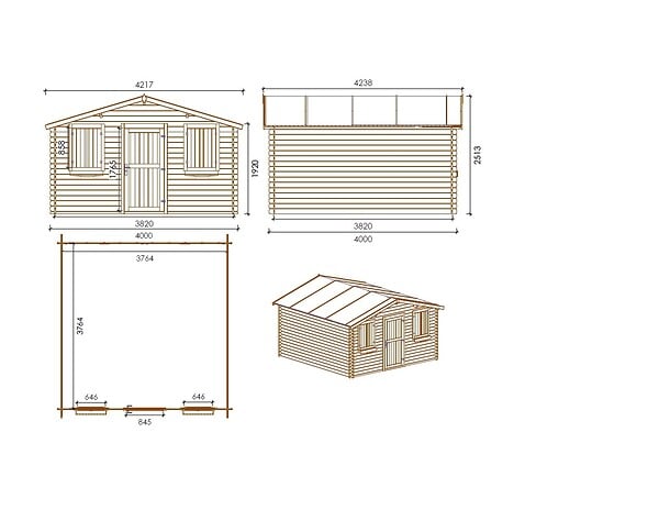 ALTANKA - Abri de jardin en bois - 16m2 - 4x4m - Ep. 28mm - Couleur: naturel - DOM149 - large