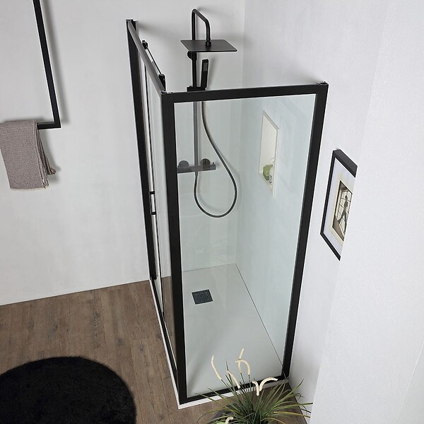 KIAMAMI VALENTINA - Porte De Douche Niche Noir Mat Avec 1 Porte Fixe Et 1 Porte Coulissante De 100 Cm + Paroi Fixe L: 80 Cm H: 190 Cm Verre Transparent | City - large
