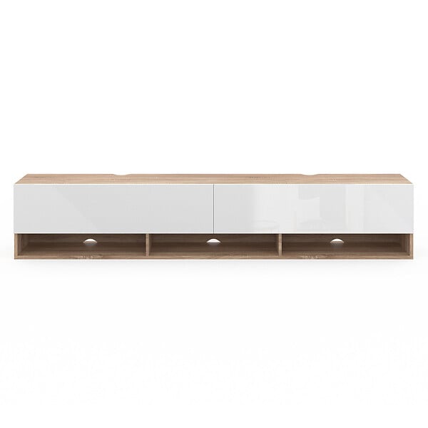 ID MARKET - Meuble TV 180 cm suspendu ELIO 2 portes avec étagère bois et blanc - large
