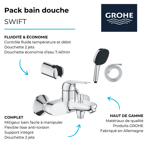 GROHE - Pack mitigeur mécanique Swift + Douchette 2 jets Vitalio Comfort 110 + Flexible1750 mm et support - large