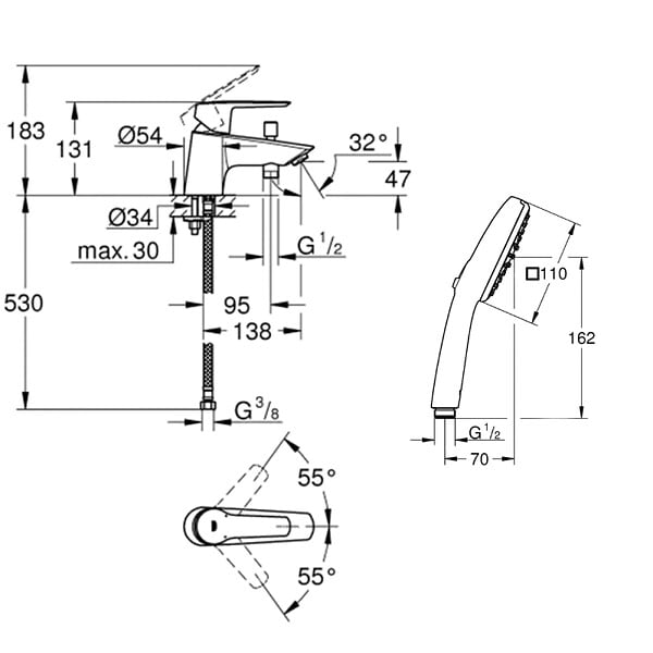 GROHE - Pack mitigeur mécanique bain douche Start + Douchette 2 jets Vitalio Comf. 110 + Flexible - large