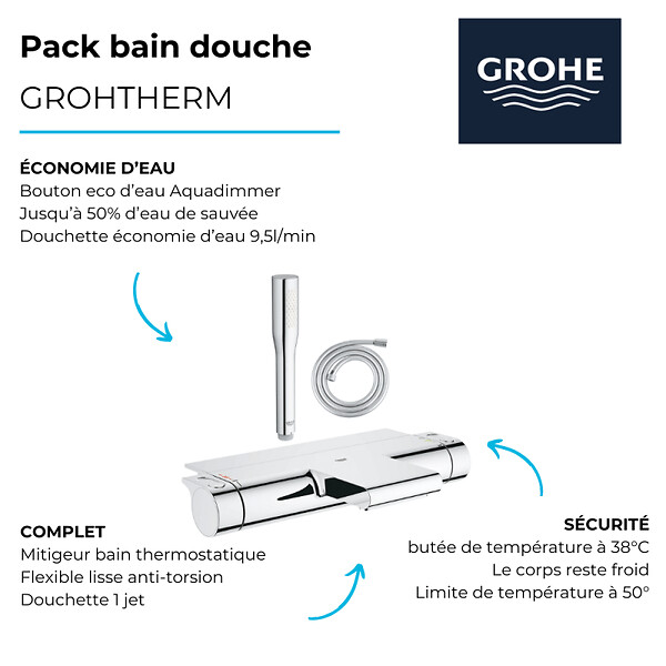 GROHE - Pack mitigeur bain thermostatique Grohtherm 2000 + Douchette 1 jet Vitalio Get Stick + Flexible - large