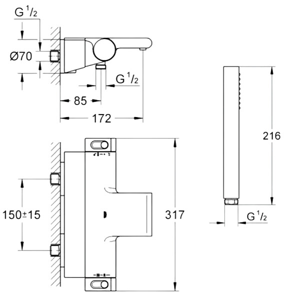GROHE - Pack mitigeur bain thermostatique Grohtherm 2000 + Douchette 1 jet Vitalio Get Stick + Flexible - large