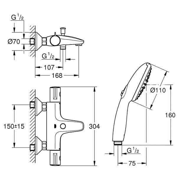 GROHE - Pack mitigeur bain douche thermostatique Grohtherm 800 chromé + Douchette 2 jets Vitalio Start 110et flexible - large