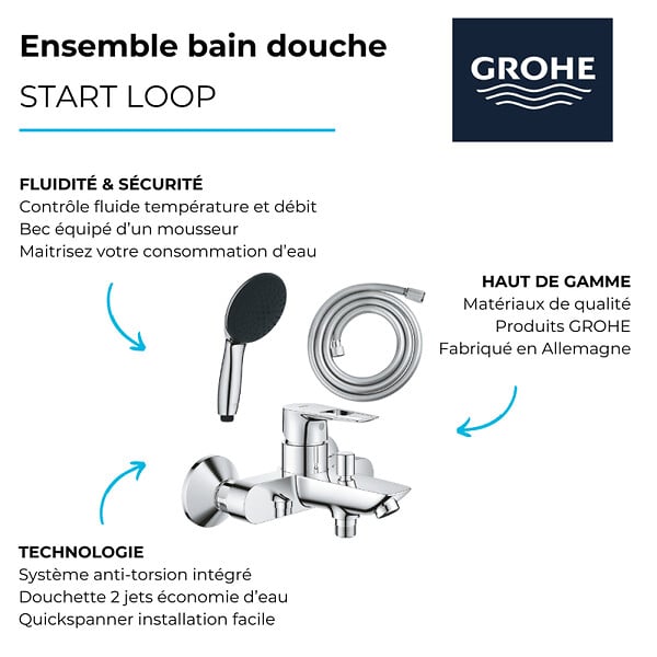 GROHE - Pack mitigeur mécanique bain douche Start Loop chromé + Douchette 2 jets Vitalio Start 110 et flexible - large