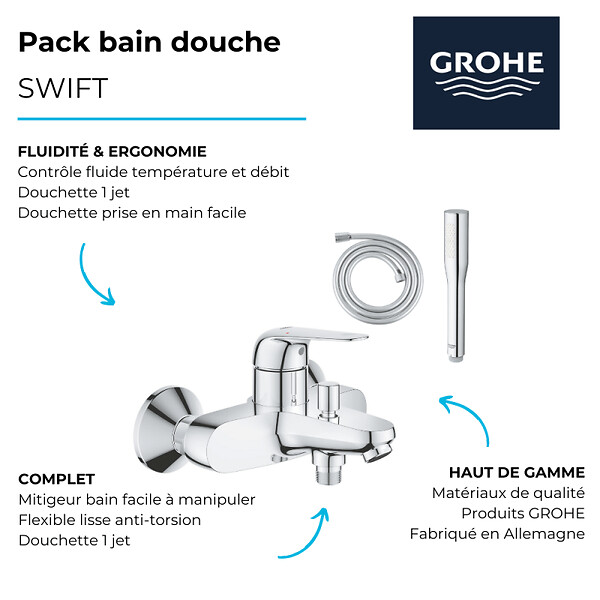 GROHE - Pack mitigeur bain douche  Swift + Douchette 1 jet Vitalio Get Stick + Flexible - large