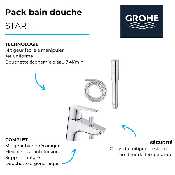 GROHE - Pack mitigeur mécanique bain douche Start Quickfix + Douchette 1 jet Vitalio Get Stick et flexible - large