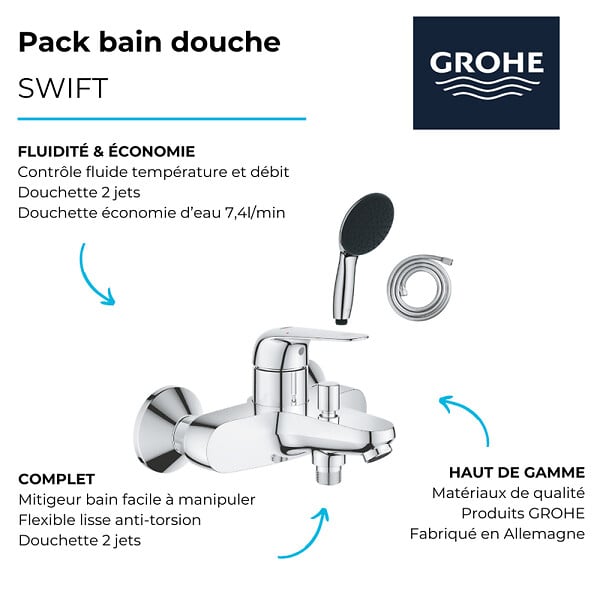 GROHE - Pack mitigeur mécanique bain douche Swift + Douchette 2 jets Vitalio Start 110 + Flexible - large