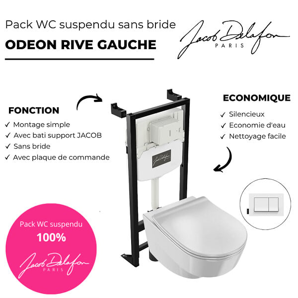 JACOB DELAFON - Pack WC suspendu sans bride Odéon Rive Gauche + bâti support + plaque avec abattant extra plat - large