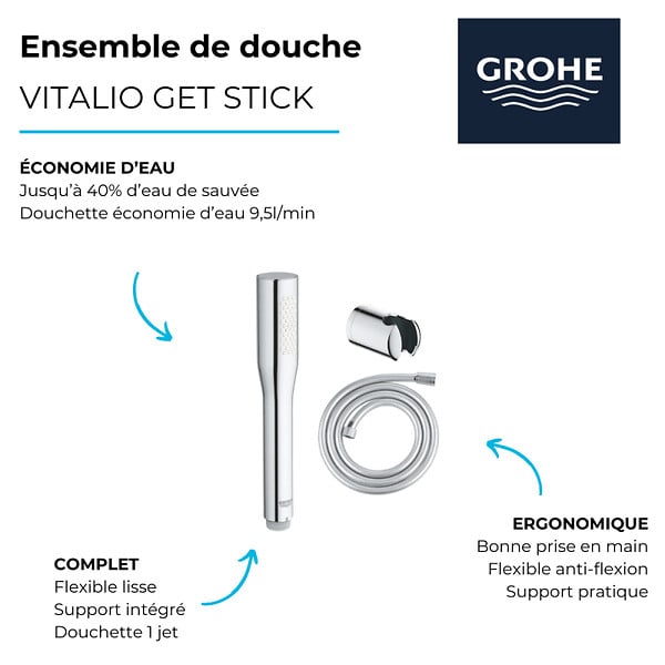 GROHE - Pack douchette 1 jet Vitalio Get Stick + Flexible de douche VitalioFlex Comfort + Support mural Vitalio Universal chromé - large