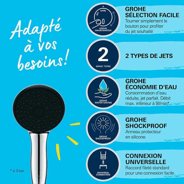 GROHE - Pack douchette 2 jets Vitalio Start 110 + Flexible de douche VitalioFlex Comfort 1750 et support - large