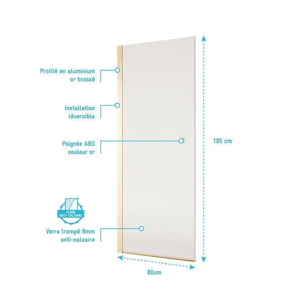 AURLANE - Porte de Douche Pivotante 80x195cm - Verre Trempe 8mm Anticalcaire - Alu Or Brosse - GOLD ELEMENTARY - large