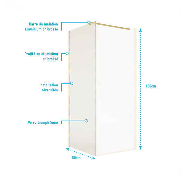 AURLANE - Retour pour Porte de Douche 80x180 cm Verre Trempe 5mm - Finition Or Brosse - GOLD ELEMENTARY - large