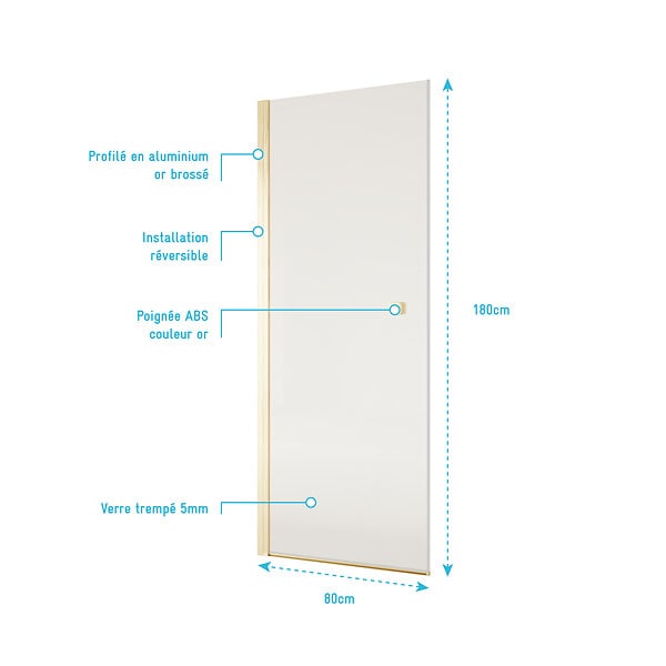 AURLANE - Porte de Douche Pivotante 80x180 cm en Verre Trempe 5 mm - Finition Or Brosse - GOLD ELEMENTARY - large
