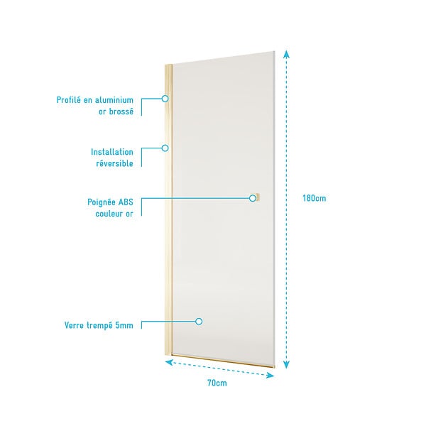 AURLANE - Porte de Douche Pivotante 70x180 cm en Verre Trempe 5 mm - Finition Or Brosse - GOLD ELEMENTARY - large
