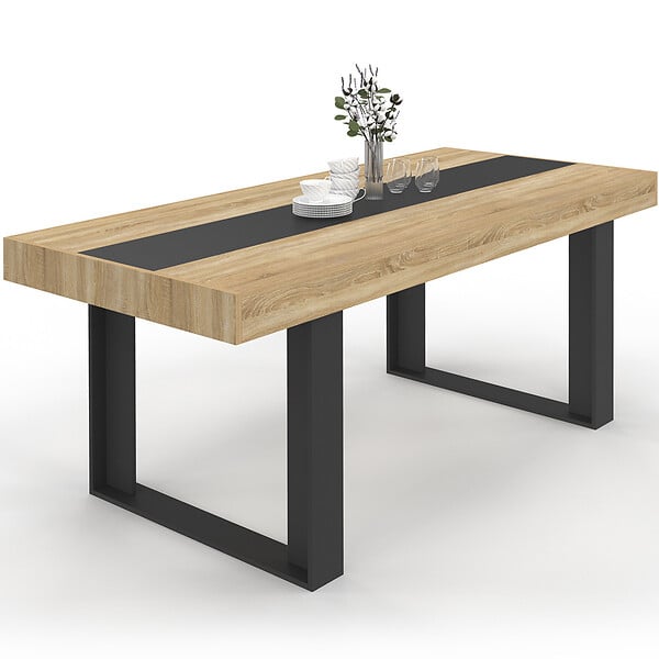 ID MARKET - Table à manger rectangle PHOENIX 8 personnes bois et noir bande centrale noire 200 cm - large