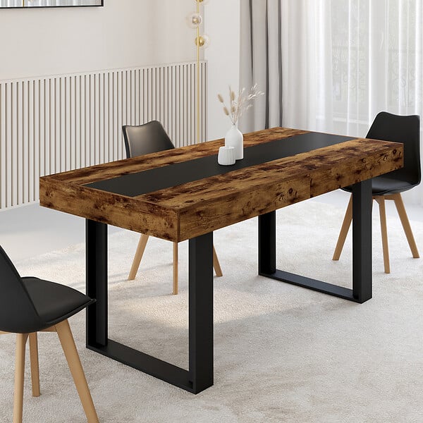 ID MARKET - Table à manger extensible rectangle PHOENIX 4-8 personnes bois effet vieilli et noir bande centrale noire 160-200 cm - large