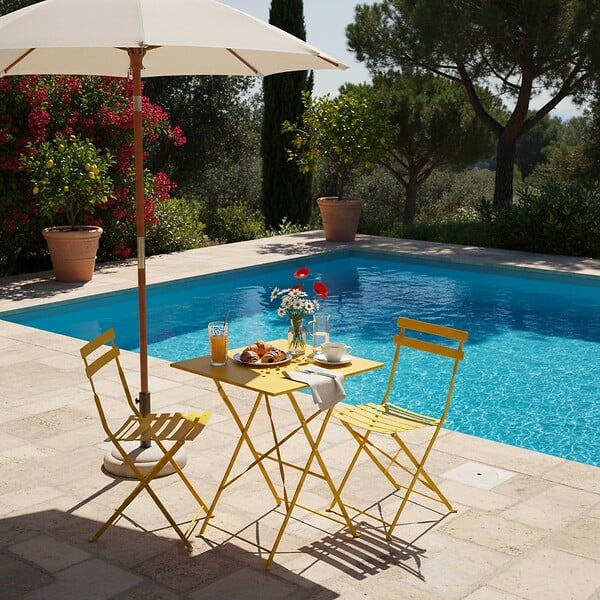 OVIALA - Table de jardin et 2 chaises acier jaune - Rome - large
