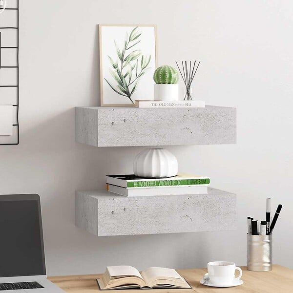 VIDAXL - vidaXL 2x Etagères à Tiroir Murales Armoires Flottantes Etagères Suspendues Supports Muraux Salon Salle de Séjour Gris Béton 40x23,5x10 cm MDF - large
