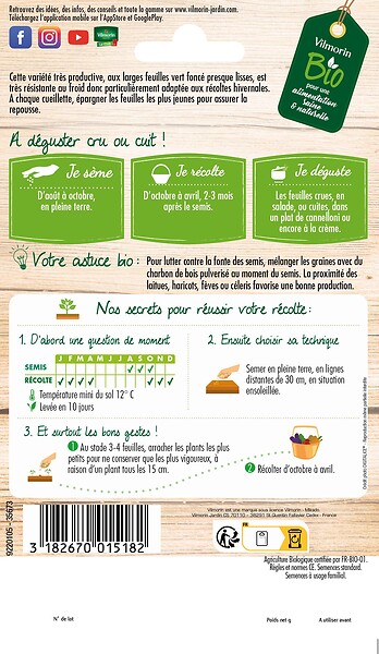 VILMORIN - Graine d'épinard biologique - Géant d'Hiver - résistant au froid - large