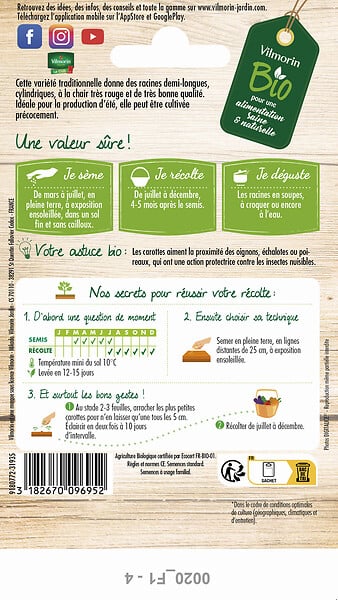 VILMORIN - Graines de carotte bio - Nantaise améliorée 3 - Orange - large