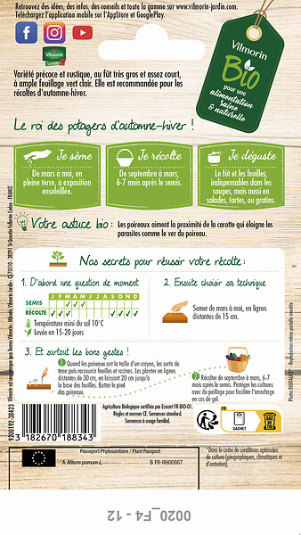 VILMORIN - Poireau de Carentan 2 bio - Graines - Variété précoce - large