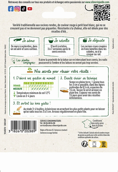 VILMORIN - Graines radis National 2 - Blanc vermillon - Format éco - large