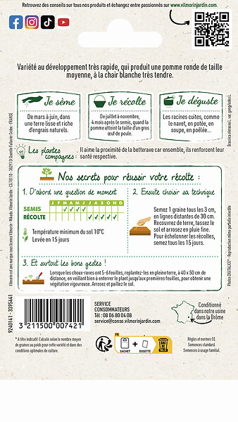 VILMORIN - Graines de Chou-rave blanc hâtif de Vienne - Variété précoce - large