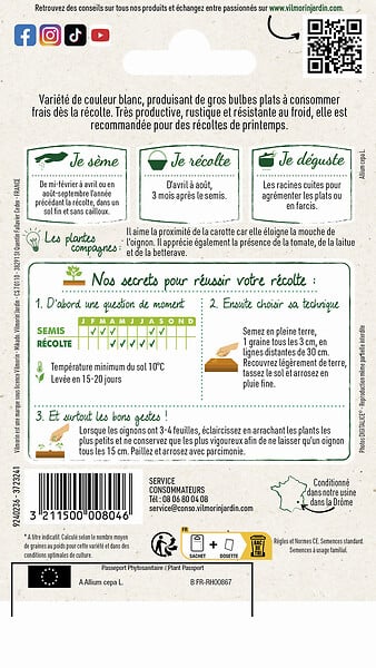 VILMORIN - Oignon blanc Hâtif de Paris - semis août septembre - 3g - large