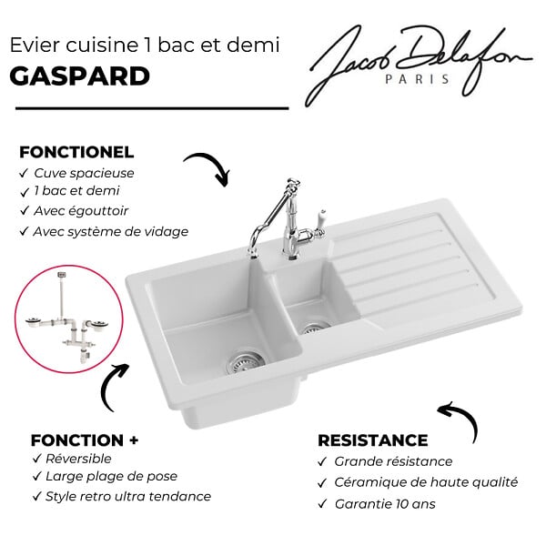 JACOB DELAFON - Evier à encastrer 1 bac et demi Gaspard avec système de vidage - large