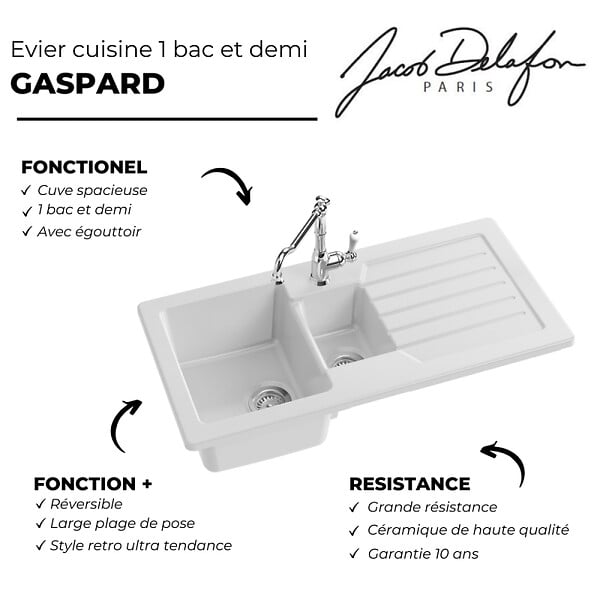 JACOB DELAFON - Evier à encastrer 1 bac et demi Gaspard - large