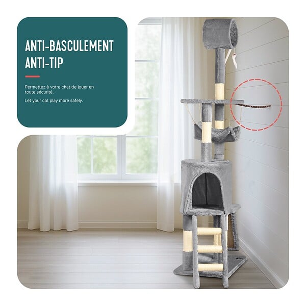 VOUNOT - Arbre a chat 155cm multi niveaux Griffoir et niche Gris - large