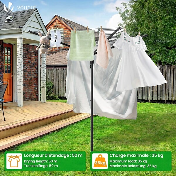 VOUNOT - Etendoir a Linge Exterieur Rotatif avec housse de protection et Surface etendage 50m Noir - large