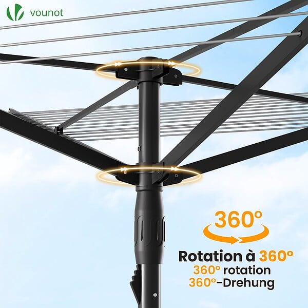 VOUNOT - Etendoir a Linge Exterieur Rotatif avec housse de protection et Surface etendage 50m Noir - large