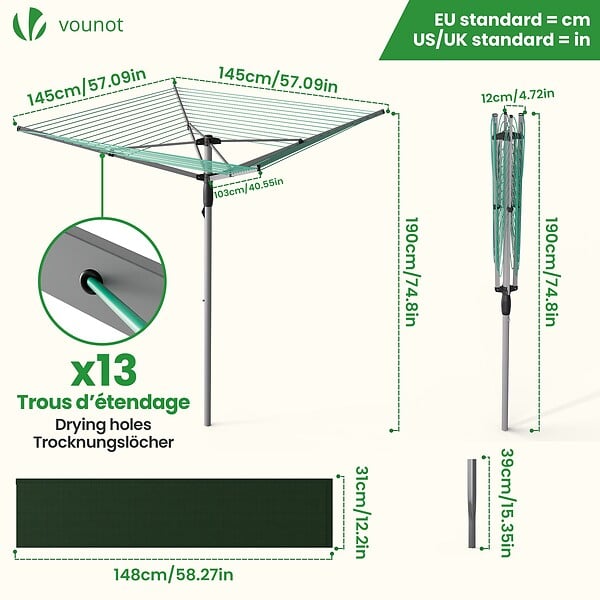 VOUNOT - Etendoir a Linge Exterieur Rotatif avec housse de protection et Surface etendage 50m Argent Vert - large