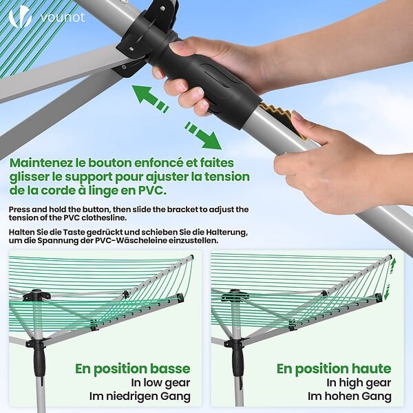 VOUNOT - Etendoir a Linge Exterieur Rotatif avec housse de protection et Surface etendage 45m Argent Vert - large