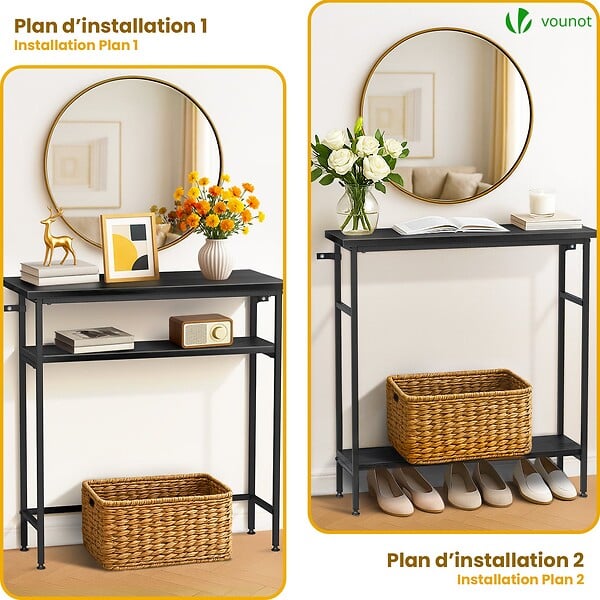 VOUNOT - Console table 2 niveaux style industriel en metal et MDF 80x24x80 cm Noir - large