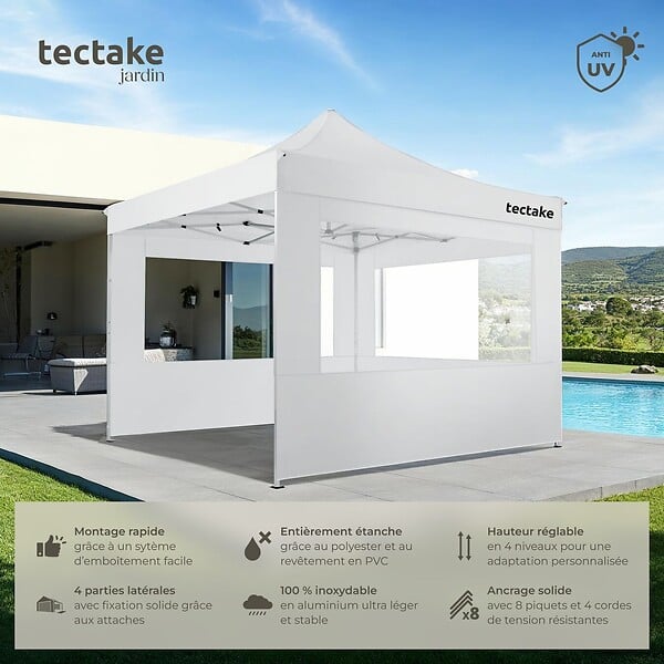 TECTAKE - Pavillon de jardin pliable en aluminium 3 x 3 m avec 4 parois latérales blanc - large