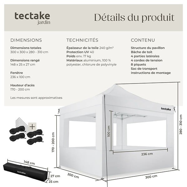 TECTAKE - Pavillon de jardin pliable en aluminium 3 x 3 m avec 4 parois latérales blanc - large