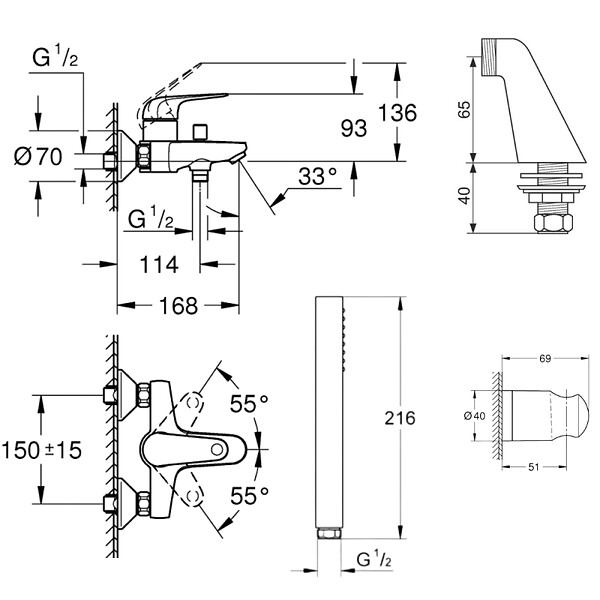 GROHE - Pack mitigeur mécanique Swift avec colonnettes + Douchette 1 jet Vitalio Get Stick + Flexible 1750 mm - large